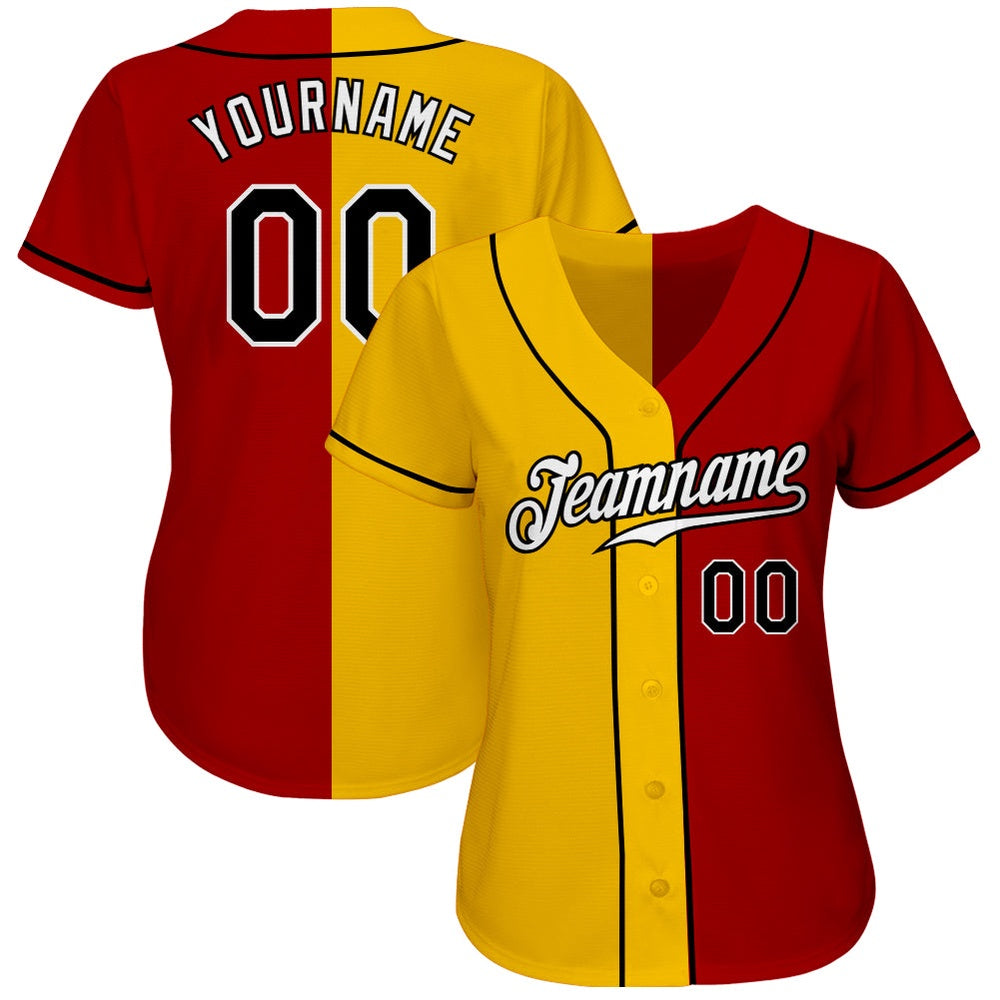 American Baseball Jersey, Custom Red Black Yellow Authentic Split Fashion Baseball Jersey, Baseball Jersey Name