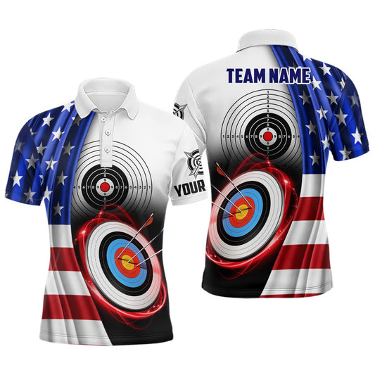 American Flag Archery Target Personalized Men Polo Shirts, Patriotic US Archery Jerseys For Team, Archery Team Shirts, Custom Archery Shirts