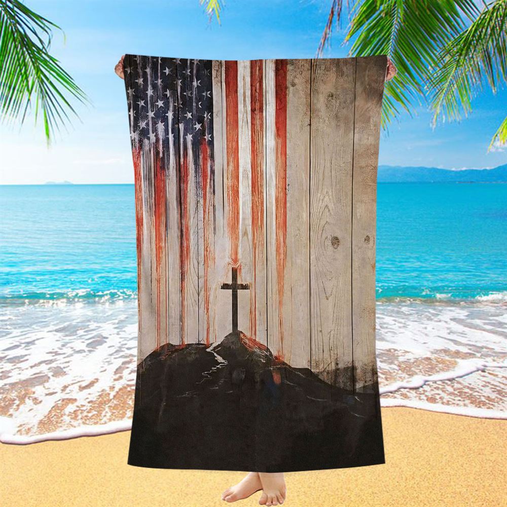 American Flag Cross Beach Towel - Christian Wall Beach Towel - Religious Beach Towel