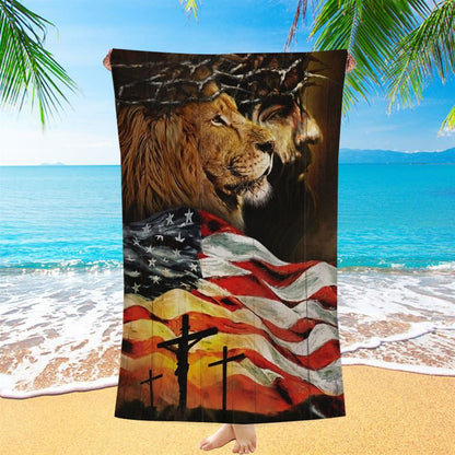 American Flag Jesus Christ The Lion Of Judah Beach Towel, Christian Beach Towel, Christian Gift, Gift For Women