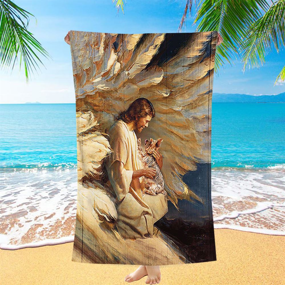 Angel Wings Little Yorkshire Terrier Jesus Painting Beach Towel - Christian Beach Towel - Bible Verse Beach Towel