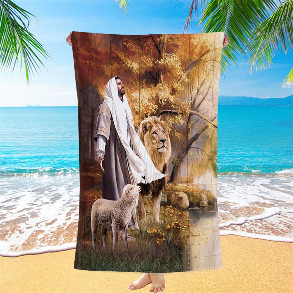 Animal Of God Stunning Lion White Lamb Autumn Forest Beach Towel - Christian Beach Towel