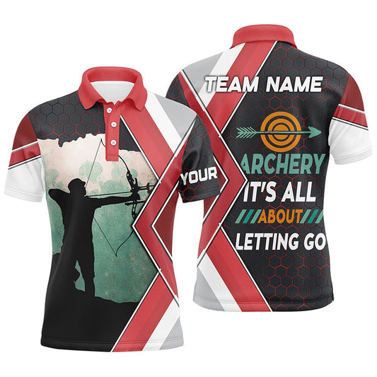 Archery It's All About Letting Go Custom Name Men Polo Shirts, Funny Bow Archery Jerseys Shirts, Archery Team Shirts, Custom Archery Shirts