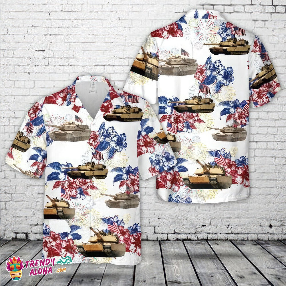 Army Hawaiian Shirt, US Army M1A1 Abrams Tank Graphic 4th July Beach Hawaiian Shirt, Veteran Hawaiian Shirts