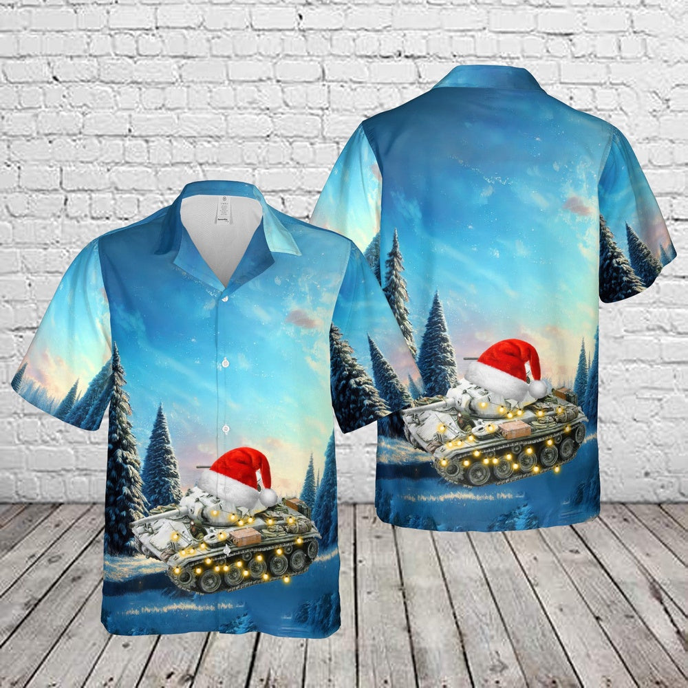Army Hawaiian Shirt, US Army M24 Chaffee Tank Winter Camo Hawaiian Shirt, Veteran Hawaiian Shirts