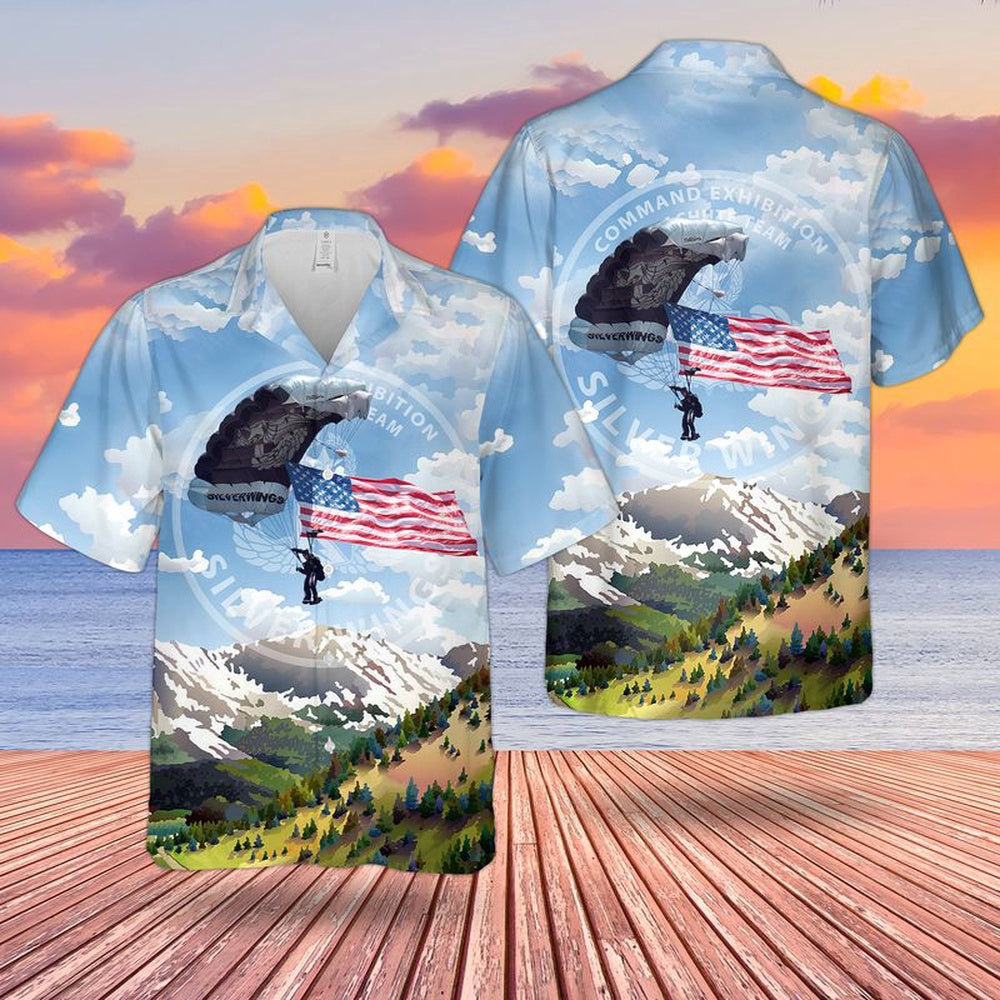 Army Hawaiian Shirt, US Army Maneuver Center of Excellence Command Exhibition Parachute Team Silver Wings Hawaiian Shirt, Veteran Hawaiian Shirts
