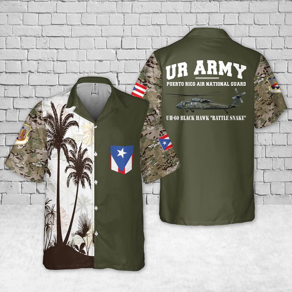 Army Hawaiian Shirt, US Army Puerto Rico Air National Guard UH-60 Black Hawk Rattle Snake Pocket Hawaiian Shirt, Veteran Hawaiian Shirts