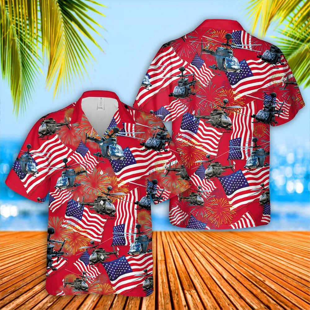 Army Hawaiian Shirt, Us Army Bell Oh-58 Kiowa 4Th July Hawaiian Shirt, Military Aloha Shirts