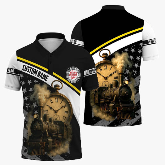 Atlantic Coast Line Railroad Polo Shirt, Classic Steam Engine With Retro Pocket Watch Polo Shirt