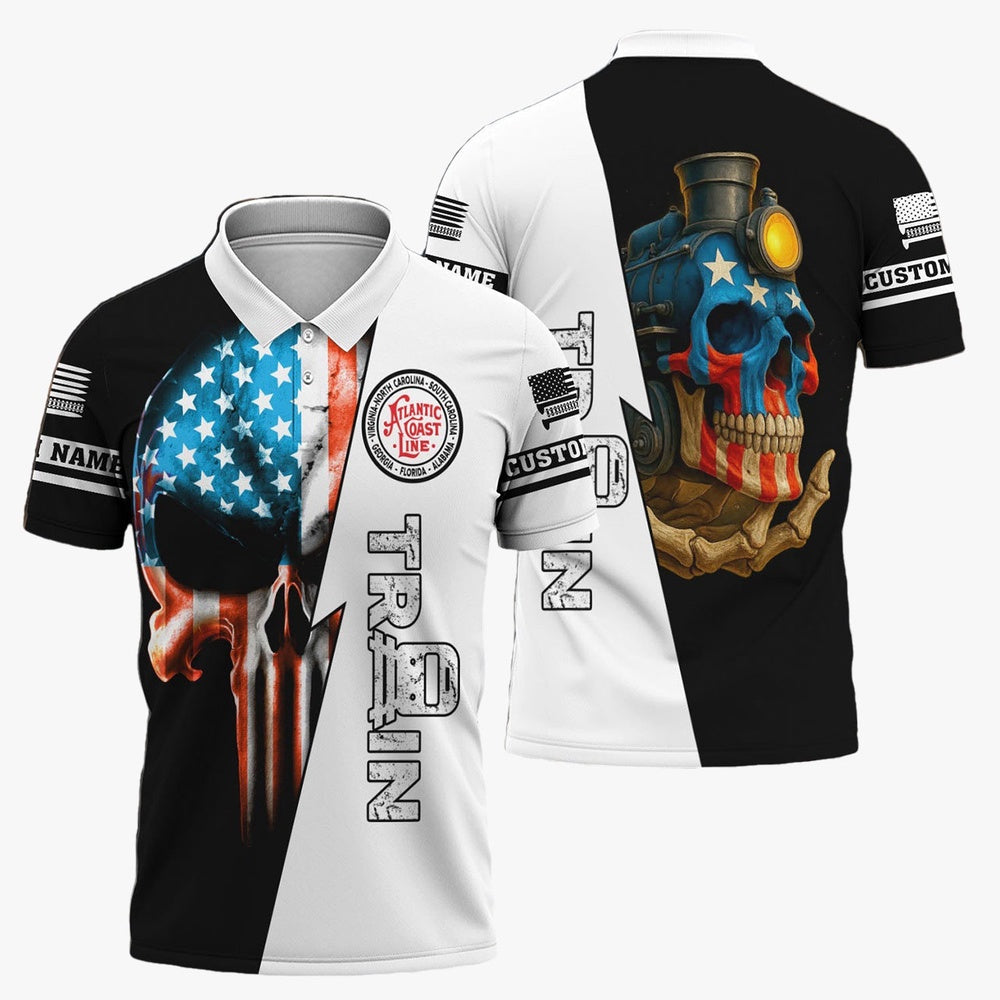 Atlantic Coast Line Railroad Polo Shirt, Train Skull American Flag Polo Shirt