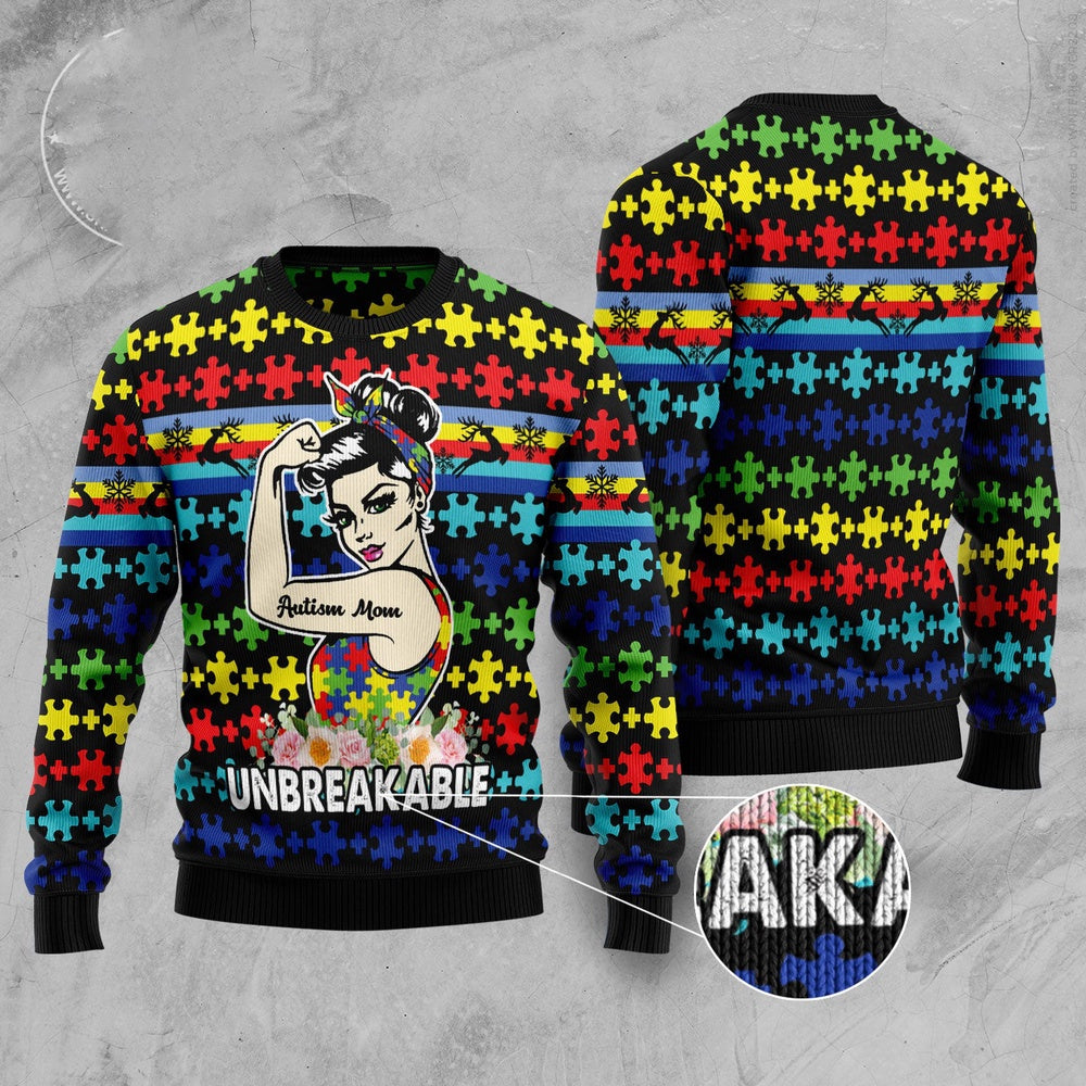 Autism Mom Unbreakable Ugly Christmas Sweater, Funny Xmas Sweater, Sweater Xmas