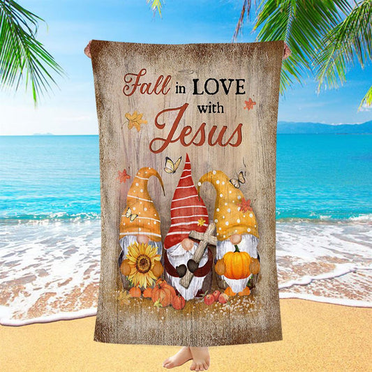 Autumn Gnome Wooden Cross Sunflower Butterfly - Fall In Love With Jesus Beach Towel - Christian Beach Towel