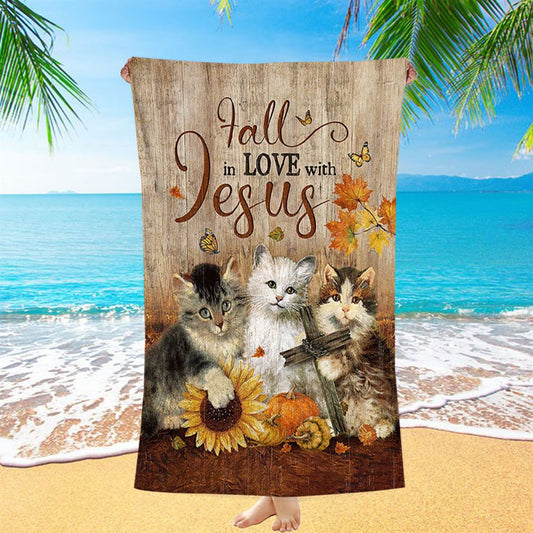 Autumn Season Cute Kittens Pumpkin Cat Painting Beach Towel - Fall In Love With Jesus Beach Towel - Christian Beach Towel
