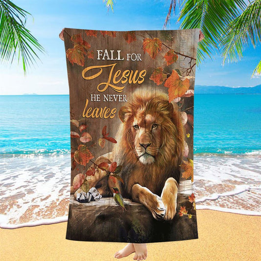 Autumn Season Lion Of Judah Autumn Leaves Fall For He Never Leaves Beach Towel - Christian Beach Towel