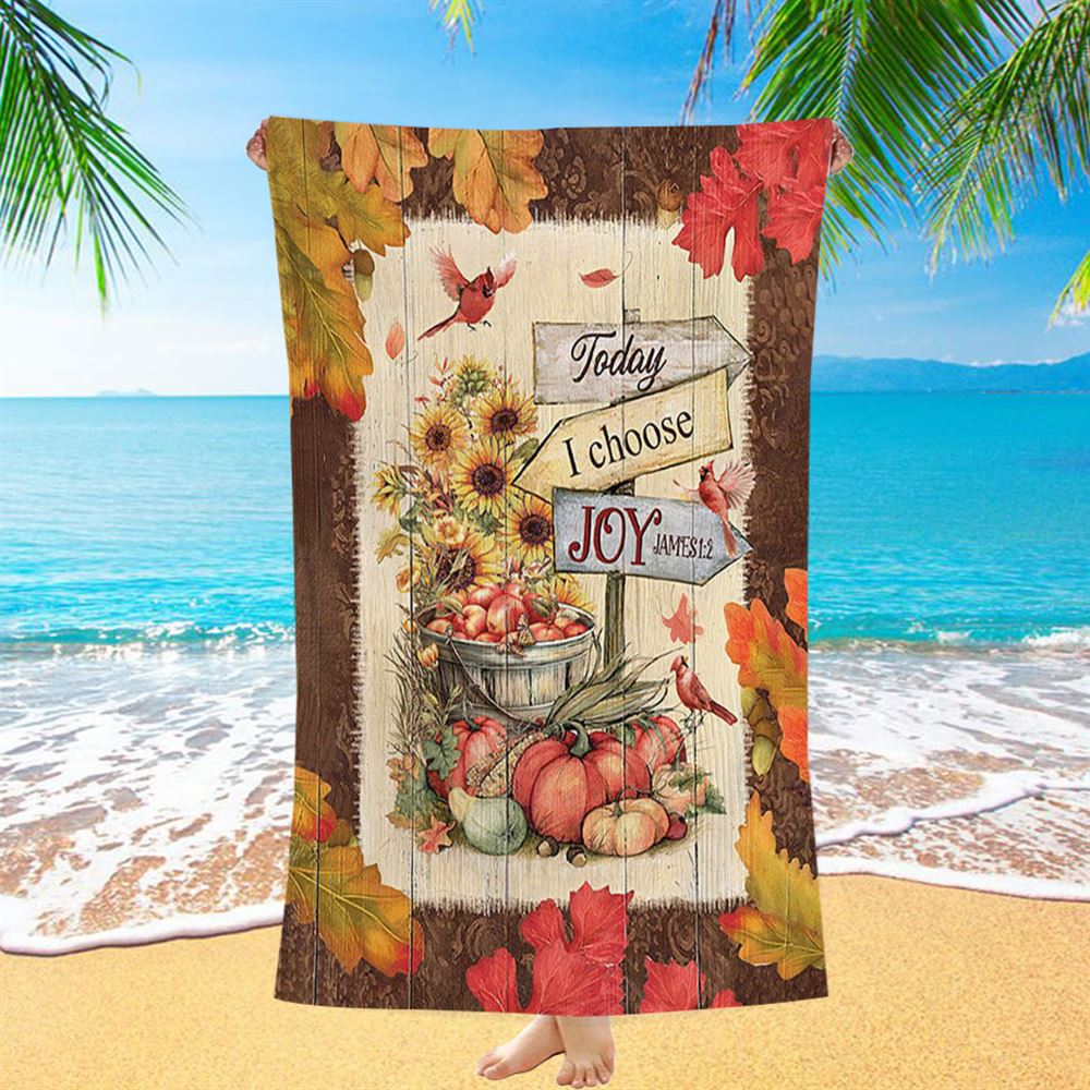 Autumn Season Red Cardinal Pumpkin Sunflower Beach Towel - Today I Choose Joy Beach Towel - Christian Beach Towel