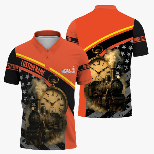 Avanti West Coast Polo Shirt, Classic Steam Engine With Retro Pocket Watch Polo Shirt