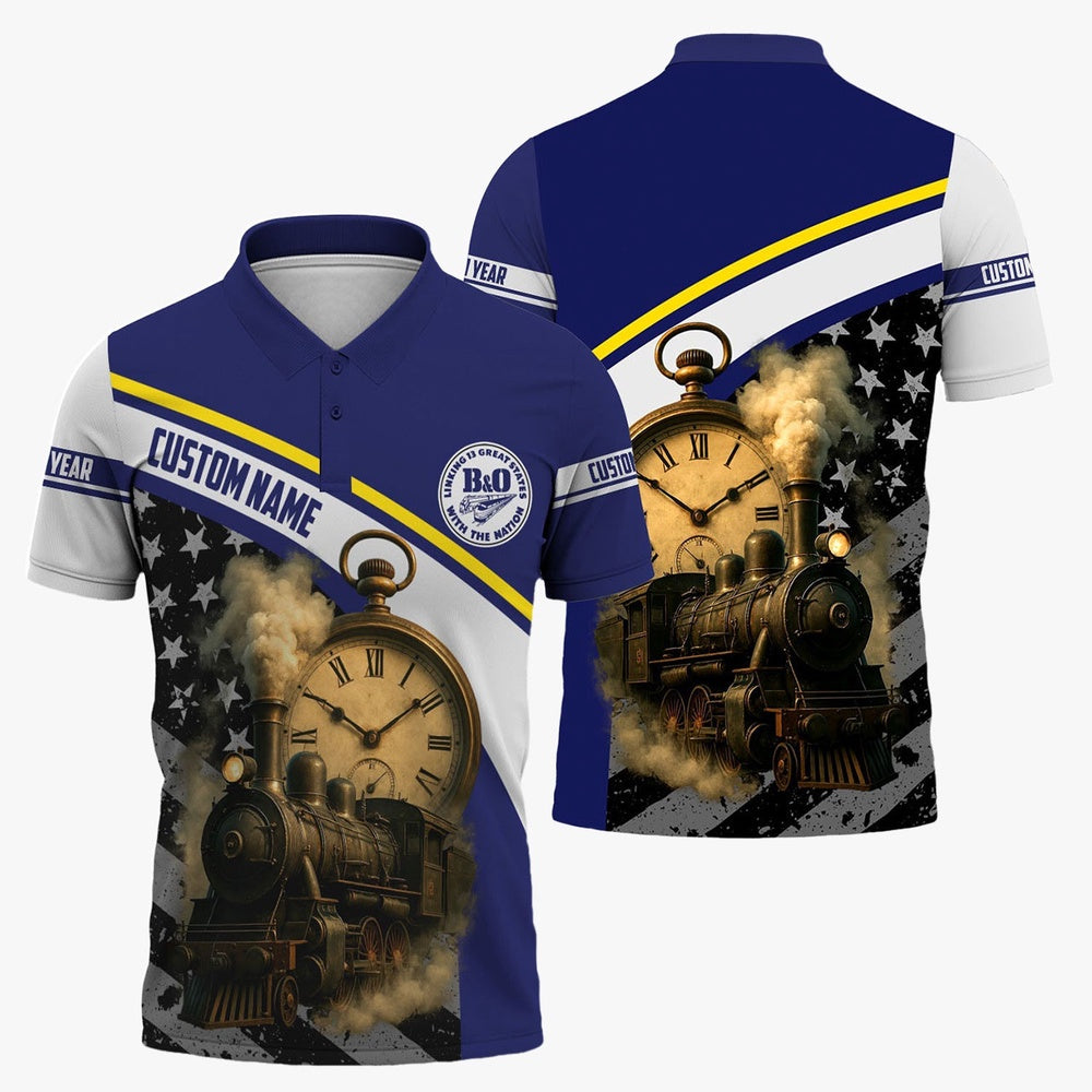 BAndO Great States Railroad Polo Shirt, Classic Steam Engine With Retro Pocket Watch Polo Shirt