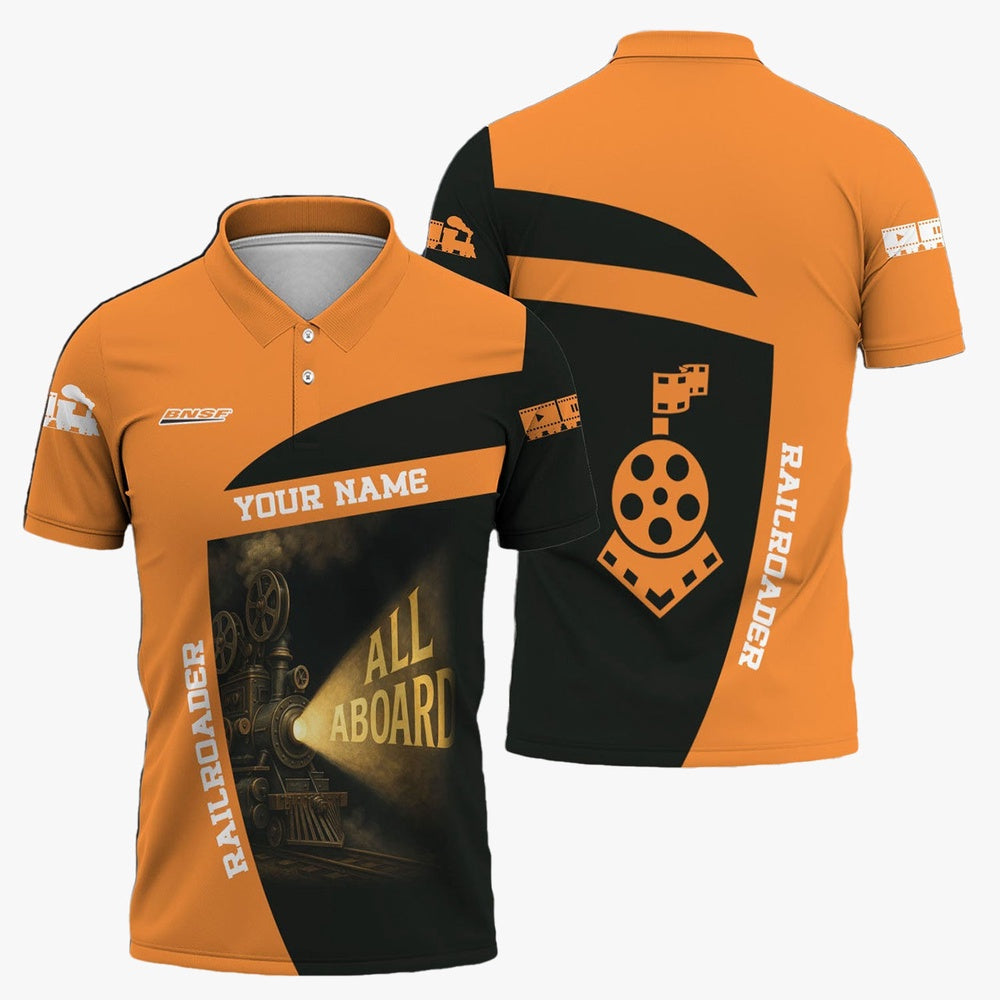 BNSF Railway Polo Shirt, All Aboard Steam Train Movie Projector Style Shirt