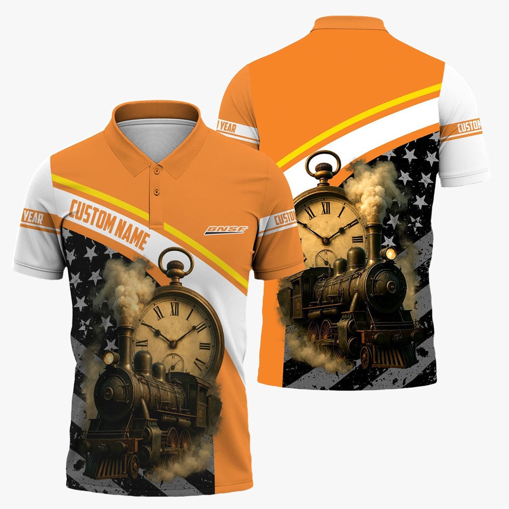 BNSF Railway Polo Shirt, Classic Steam Engine With Retro Pocket Watch Polo Shirt