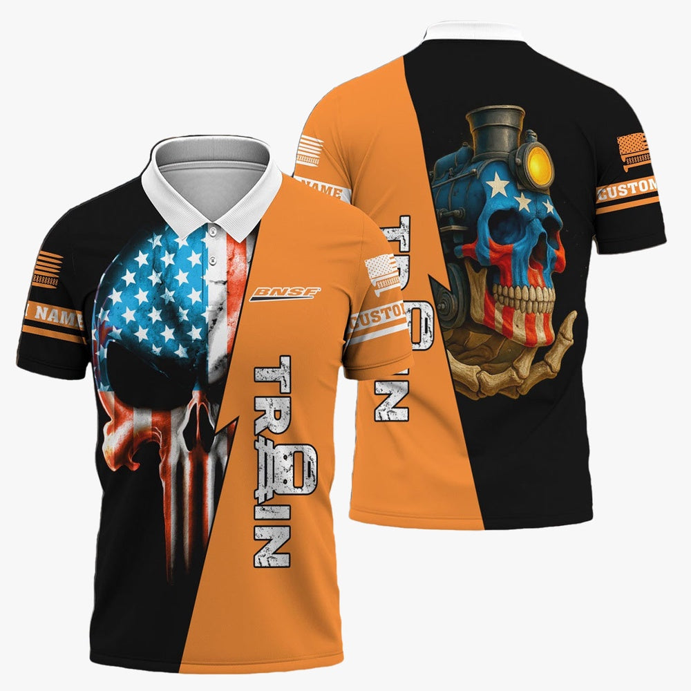 BNSF Railway Polo Shirt, Train Skull American Flag Polo Shirt