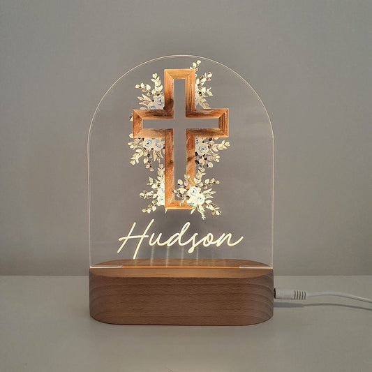 Baby Gift Baptism Gift Christening Gift, Custom Boy Or Girl Name Night Light, Religious Cross, Mother's Day Led Light, Mom Gift