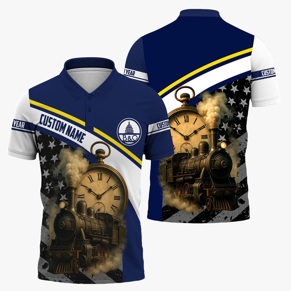 Baltimore and Ohio Railroad Polo Shirt, Classic Steam Engine With Retro Pocket Watch BAndO Polo Shirt