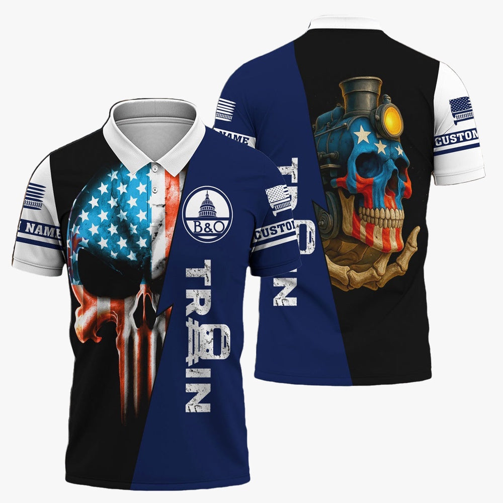 Baltimore and Ohio Railroad Polo Shirt, Train Skull American Flag BAndO Polo Shirt