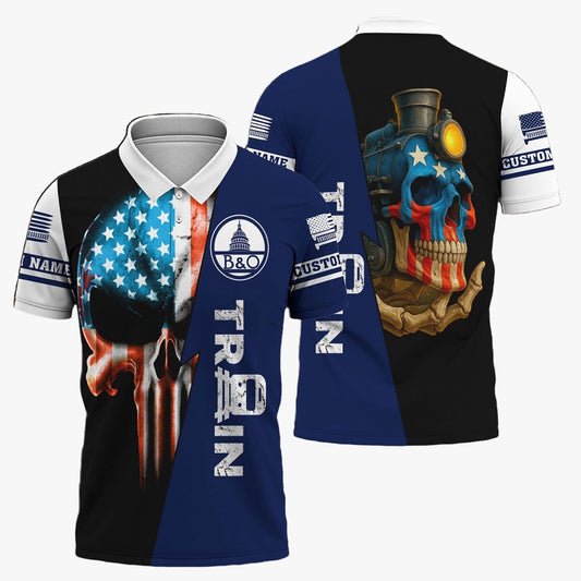 Baltimore and Ohio Railroad Polo Shirt, Train Skull American Flag BAndO Polo Shirt