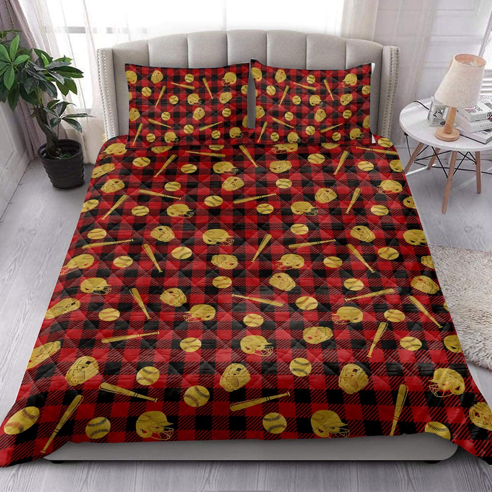 Baseball Quilt Set, Baseball Gold Glittermas Red Buffalo Plaid Quilt Blanket