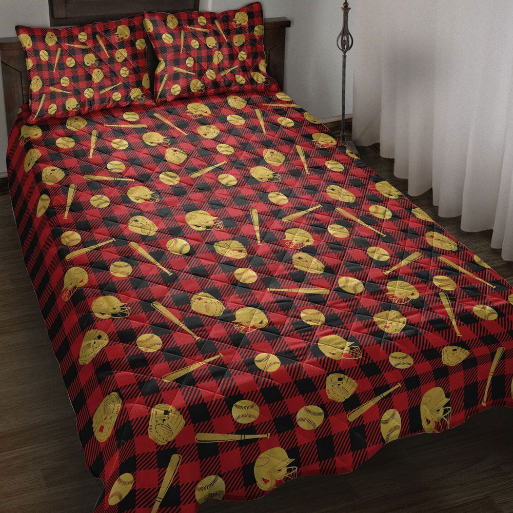Baseball Quilt Set, Baseball Gold Glittermas Red Buffalo Plaid Quilt Blanket