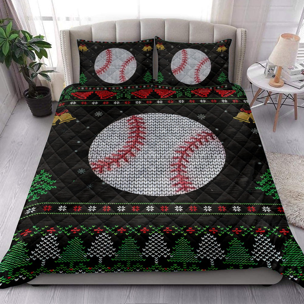 Baseball Quilt Set, Baseball Snowflake Bell Ugly Chrismas Quilt Blanket