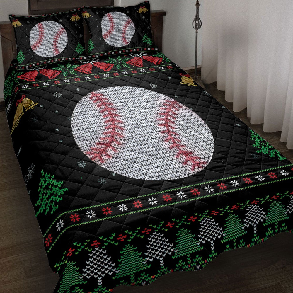Baseball Quilt Set, Baseball Snowflake Bell Ugly Chrismas Quilt Blanket