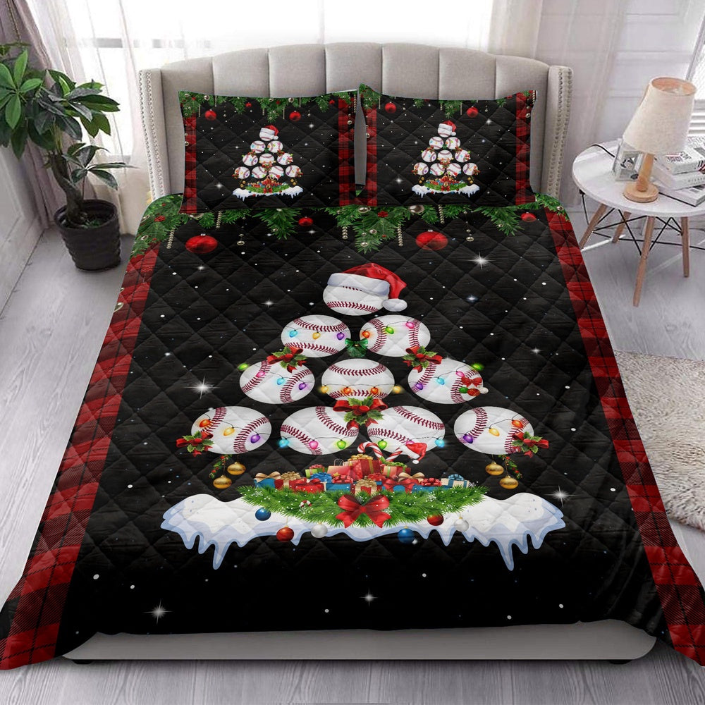 Baseball Quilt Set, Baseballmas Tree Snowflake Box Red Buffalo Plaid Quilt Blanket