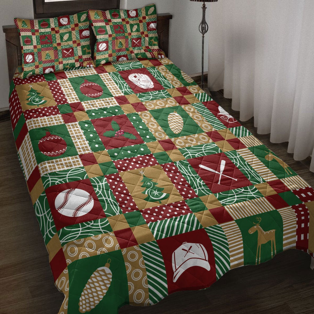 Baseball Quilt Set, Christmas Baseball Patchwork Xmas Winter Holiday Quilt Blanket