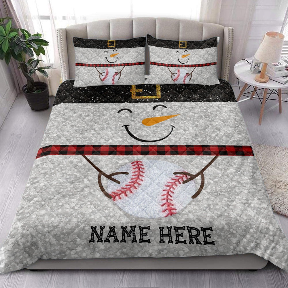 Baseball Quilt Set, Funny Snowman Bringmas Baseball Glitter Buffalo Plaid Quilt Blanket