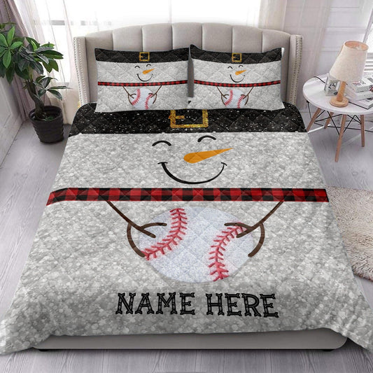 Baseball Quilt Set, Funny Snowman Bringmas Baseball Glitter Buffalo Plaid Quilt Blanket