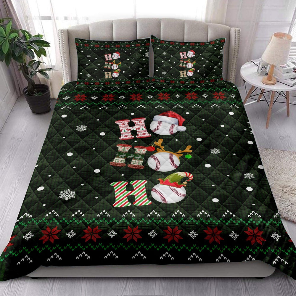 Baseball Quilt Set, Ho Ho Ho Baseball Santa Hatmas Snowflake Ugly Quilt Blanket