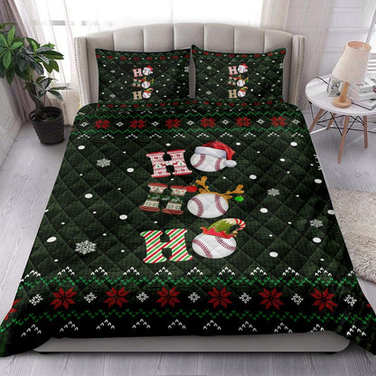 Baseball Quilt Set, Ho Ho Ho Baseball Santa Hatmas Snowflake Ugly Quilt Blanket