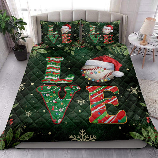 Baseball Quilt Set, Love Baseball Withmas Hat Holly Berry Snowflake Xmas Quilt Blanket