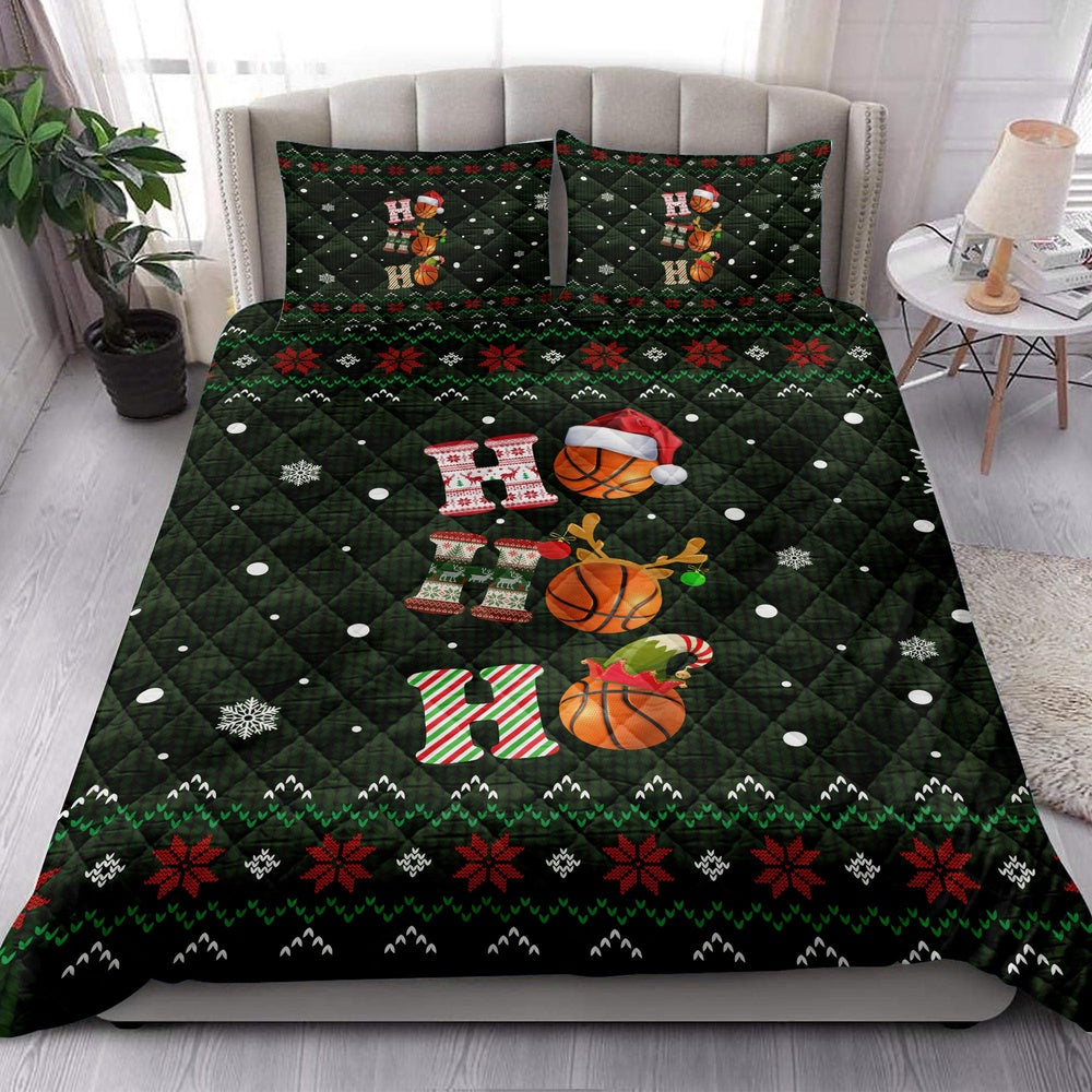 Basketball Quilt Set, Ho Ho Ho Basketball Santa Hatmas Snowflake Ugly Quilt Blanket