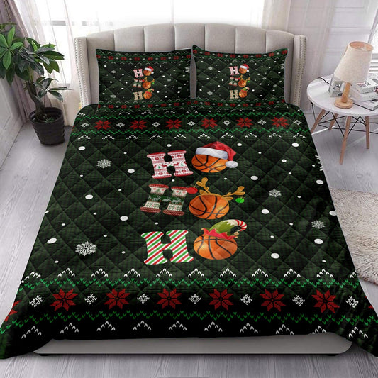 Basketball Quilt Set, Ho Ho Ho Basketball Santa Hatmas Snowflake Ugly Quilt Blanket
