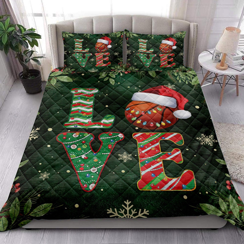 Basketball Quilt Set, Love Basketball Withmas Hat Holly Berry Snowflake Holiday Quilt Blanket