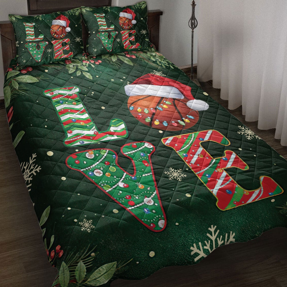 Basketball Quilt Set, Love Basketball Withmas Hat Holly Berry Snowflake Holiday Quilt Blanket