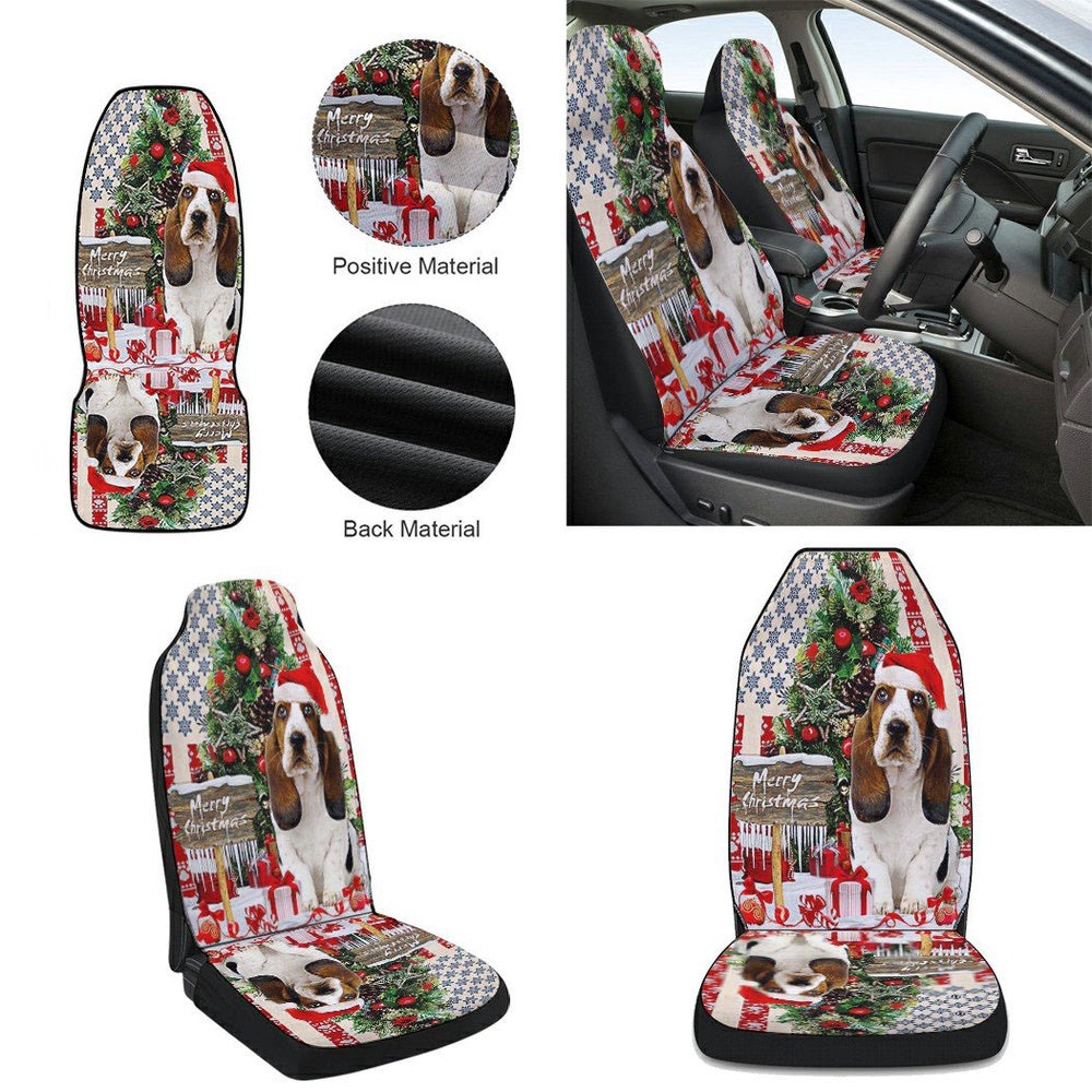 Basset Hound Christmas American flag Cars Seat Cover, Christmas Car Seat Covers, Car Decor Gift