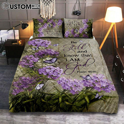 Be Still And Know That I Am God Purple Hydrangea Butterfly Quilt Bedding Set Art