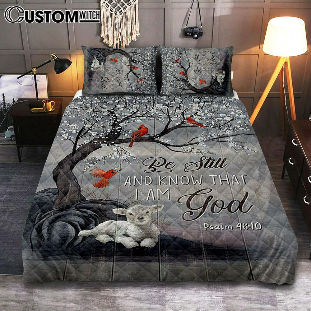 Be Still And Know That I Am God Red Cardinal White Lamb Quilt Bedding Set Art 