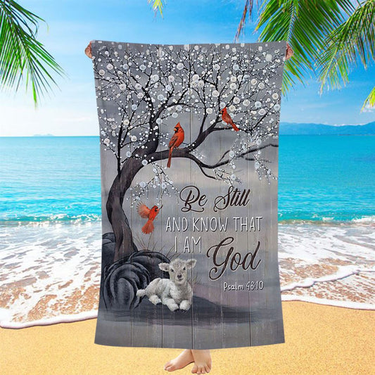 Be Still And Know That I Am God Red Cardinal White Lamb Beach Towel - Bible Verse Beach Towel - Christian Inspirational Beach Towel