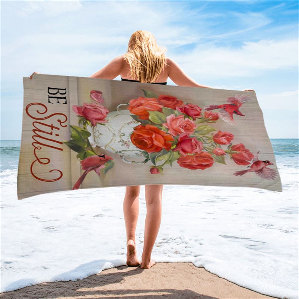 Be Still Cardinals Flowers Christian Beach Towel - Bible Verse Beach Towel - Scripture Beach Towel