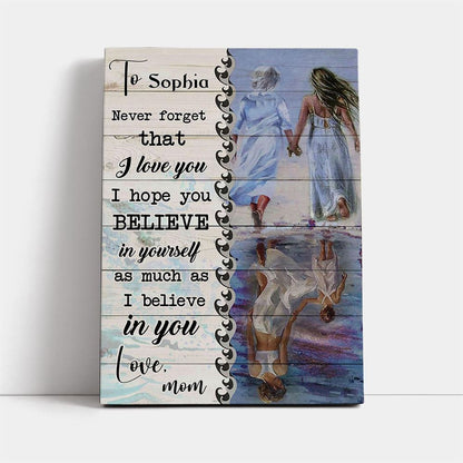 Beach Mother Daughter Reflection Never Forget I Love You Mom Personalized Canvas, Mother's Day Canvas Art, Gift For Mom, Birthday Gift