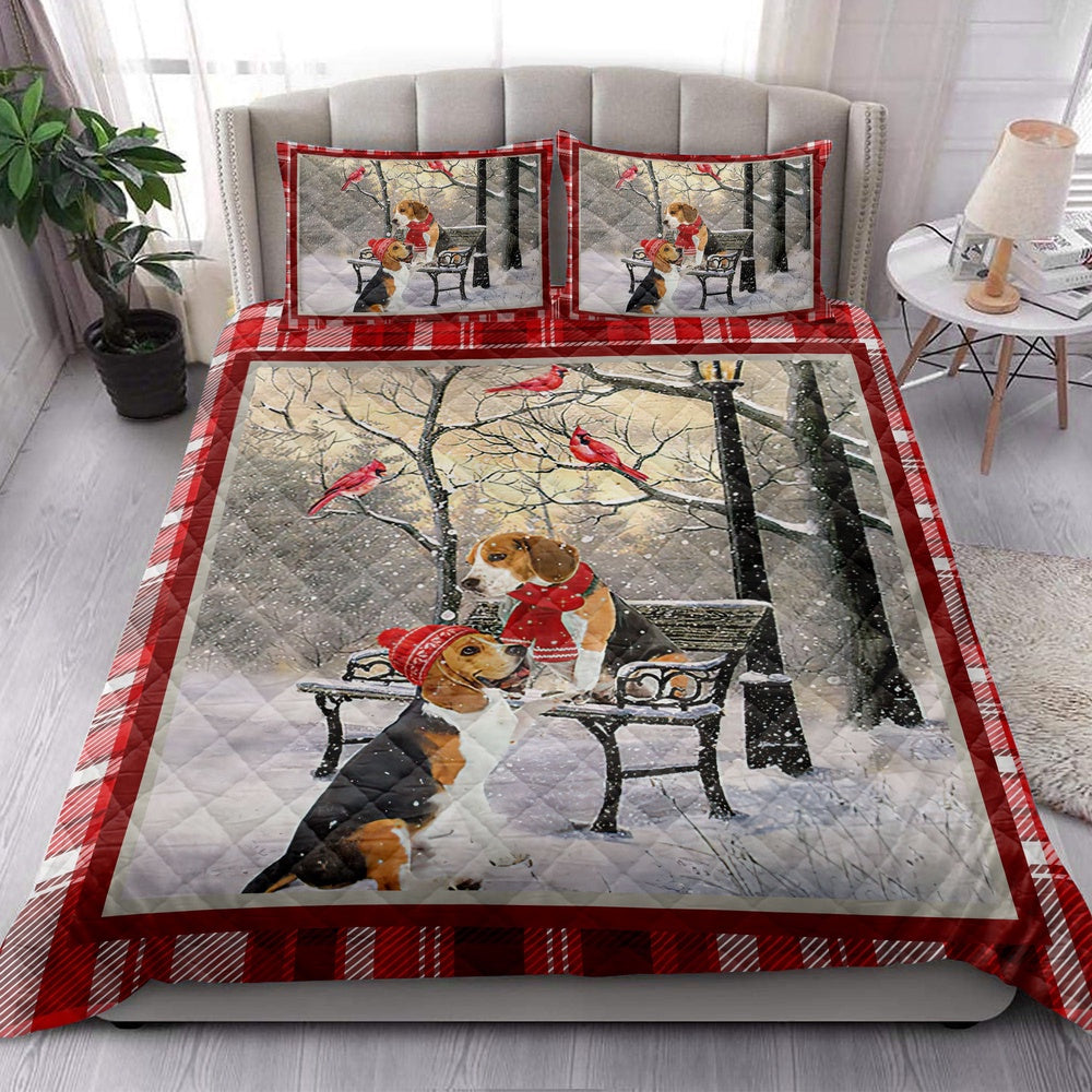 Beagle Quilt Set, Beagle Hellomas Snowflake Winter Park Cardinal Holiday Quilt Blanket